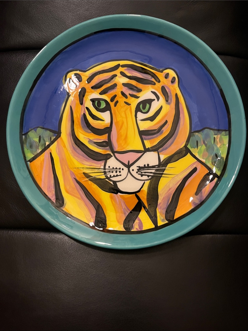 Susanne Ball Hand-Painted Ceramic Tiger Wall Plate in Teal and Blue